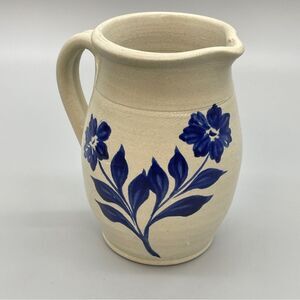 Williamsburg Pottery 1996  Salt Glaze Blue and Cream Ceramic Floral Pitcher